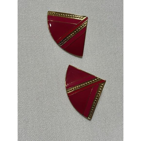 Vintage 80s Statement Earrings By L. Bott Geometric Pink Enamel Gold Tone Post - Picture 1 of 4